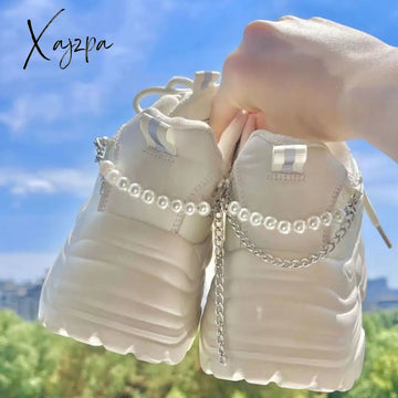 Xajzpa - Pearl Chain Platform Sneakers White Buffalo Shoes Women Vintage Chunky Sports Vulcanize